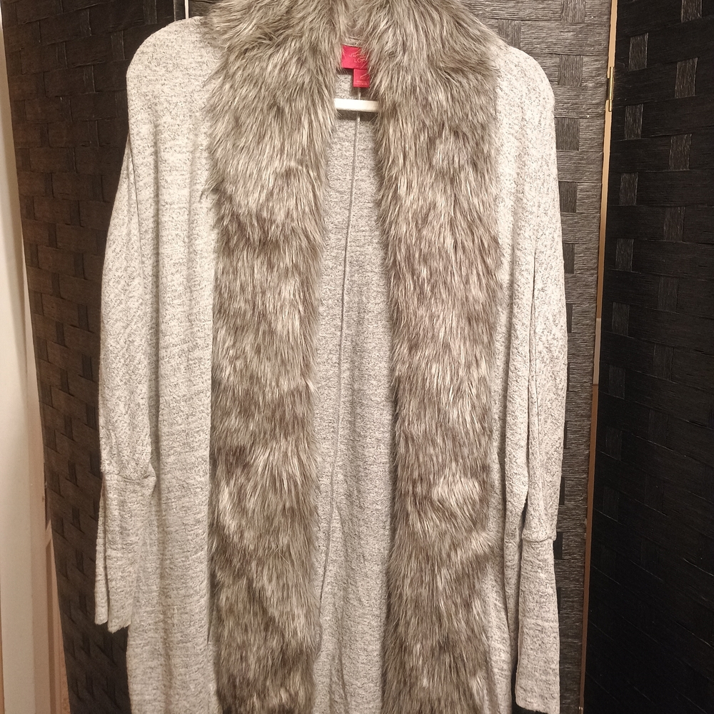 Jennifer Lopez Gray Cardigan with Faux Fur Trim